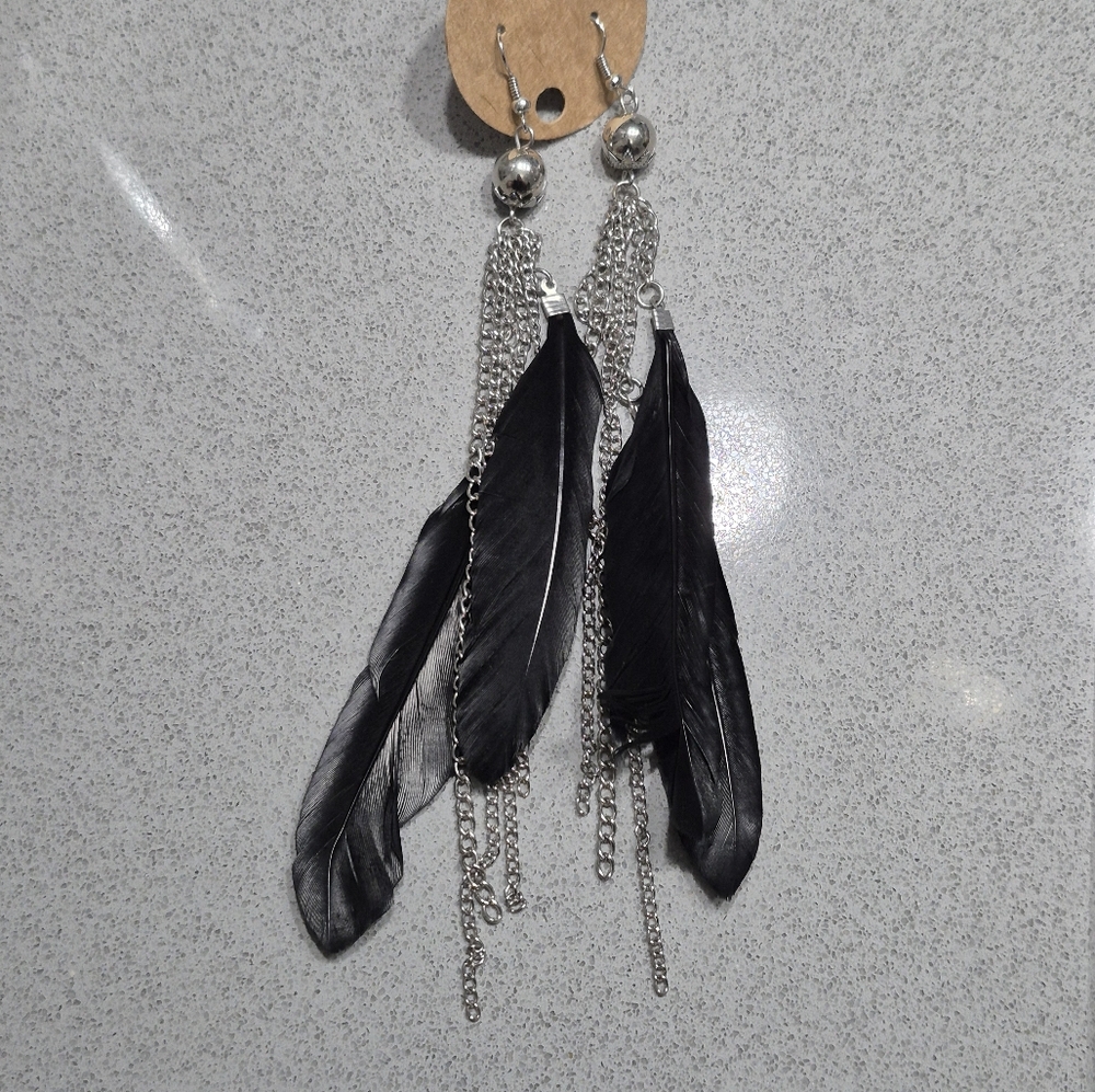 Black Feather and Silver Chain Earrings